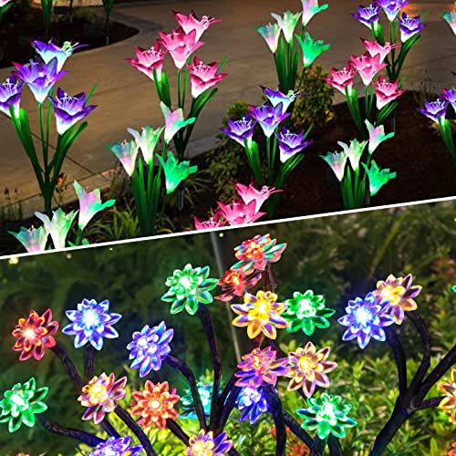 KOOPER 4 Pack Solar Garden Lights with Bigger Lily Flowers & 4 Pack Solar Garden Lights