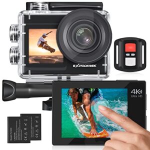 exprotrek action camera 4k 60fps with touch screen,eis 170 ° ultra wide angle, 40m waterproof underwater remote control sports camera with helmet accessories