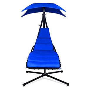Safstar Hanging Chaise Lounger with Removable Canopy, Patio Swing Chair and Stand with Cushion & Built-in Pillow, Hanging Arc Chaise Hammock for Backyard Garden Patio Poolside (Navy Blue)