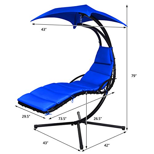 Safstar Hanging Chaise Lounger with Removable Canopy, Patio Swing Chair and Stand with Cushion & Built-in Pillow, Hanging Arc Chaise Hammock for Backyard Garden Patio Poolside (Navy Blue)