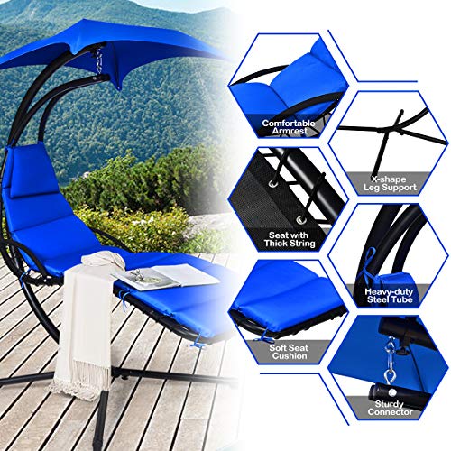 Safstar Hanging Chaise Lounger with Removable Canopy, Patio Swing Chair and Stand with Cushion & Built-in Pillow, Hanging Arc Chaise Hammock for Backyard Garden Patio Poolside (Navy Blue)