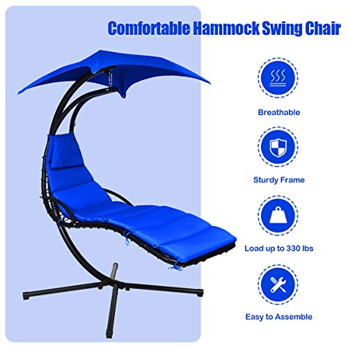 Safstar Hanging Chaise Lounger with Removable Canopy, Patio Swing Chair and Stand with Cushion & Built-in Pillow, Hanging Arc Chaise Hammock for Backyard Garden Patio Poolside (Navy Blue)