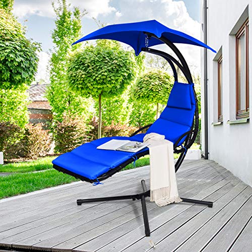 Safstar Hanging Chaise Lounger with Removable Canopy, Patio Swing Chair and Stand with Cushion & Built-in Pillow, Hanging Arc Chaise Hammock for Backyard Garden Patio Poolside (Navy Blue)