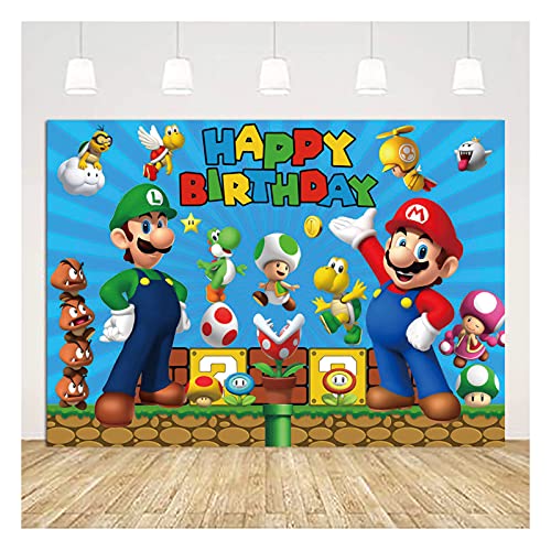 chaungda Super Mario Happy Birthday Banner Backdrops Game Gold Coin Party Supplies Photography Photo Backgrounds Sign Indoor Outdoor Yard Signs Decoration Kids Decor 5x3ft zf-2020967-5x3ft-fba