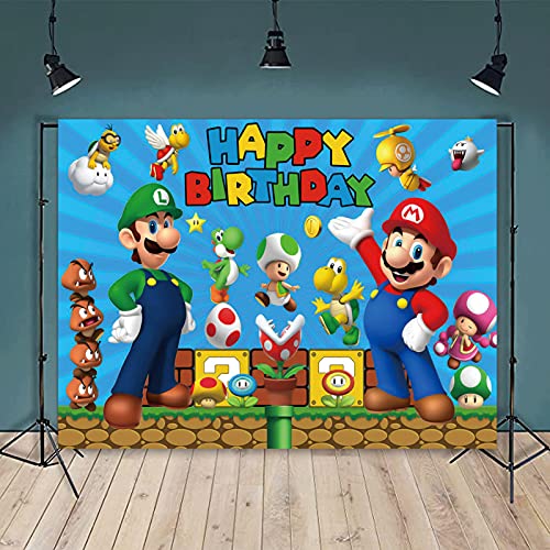 chaungda Super Mario Happy Birthday Banner Backdrops Game Gold Coin Party Supplies Photography Photo Backgrounds Sign Indoor Outdoor Yard Signs Decoration Kids Decor 5x3ft zf-2020967-5x3ft-fba