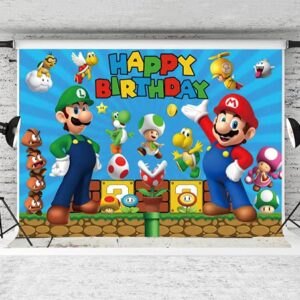 chaungda Super Mario Happy Birthday Banner Backdrops Game Gold Coin Party Supplies Photography Photo Backgrounds Sign Indoor Outdoor Yard Signs Decoration Kids Decor 5x3ft zf-2020967-5x3ft-fba