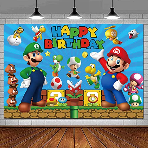 chaungda Super Mario Happy Birthday Banner Backdrops Game Gold Coin Party Supplies Photography Photo Backgrounds Sign Indoor Outdoor Yard Signs Decoration Kids Decor 5x3ft zf-2020967-5x3ft-fba