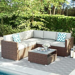 sunbury 4-piece outdoor sectional sofa patio furniture set w grey thinck cushions, patio conversation set outdoor wicker sofa w tempered glass coffee table, waterproof cover for backyard