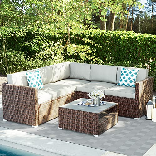 SUNBURY 4-Piece Outdoor Sectional Sofa Patio Furniture Set w Grey Thinck Cushions, Patio Conversation Set Outdoor Wicker Sofa w Tempered Glass Coffee Table, Waterproof Cover for Backyard