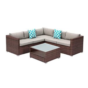 SUNBURY 4-Piece Outdoor Sectional Sofa Patio Furniture Set w Grey Thinck Cushions, Patio Conversation Set Outdoor Wicker Sofa w Tempered Glass Coffee Table, Waterproof Cover for Backyard