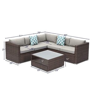 SUNBURY 4-Piece Outdoor Sectional Sofa Patio Furniture Set w Grey Thinck Cushions, Patio Conversation Set Outdoor Wicker Sofa w Tempered Glass Coffee Table, Waterproof Cover for Backyard