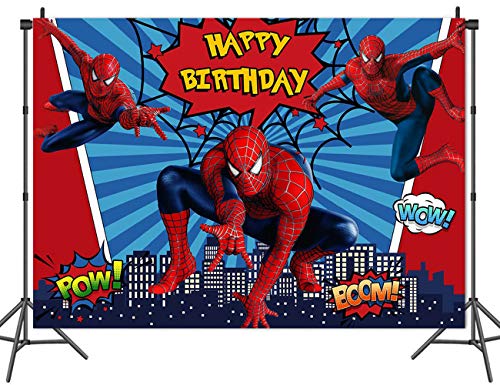 Red Spider Photography Backdrop Baby Boys Happy Birthday Party Decorations Vinyl Children Photo Booth Studio Props Background Superhero Cityscape 5x3ft Banner Dessert Table Baby Shower Supplies