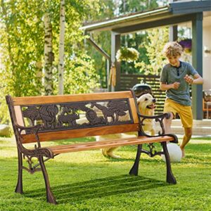 yrllensdan metal patio bench for kid, 32in wood small outdoor bench clearance cute children bench outside bench animals back garden bench for porch lawn- bronze