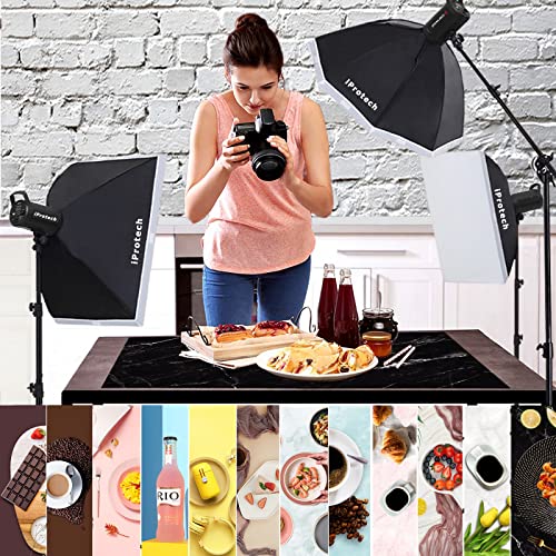 iprotech 6PCS 12Patterns Double-Sided Photography Background Paper with Stand, Waterproof Reusable 34x23in Morandi Marbles Photo Tabletop Backdrops for Food Jewelry Cosmetics Makeup