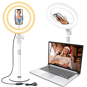 video conference lighting for laptop computer, 10.5” selfie ring light with stand and phone holder for remote working, zoom meeting calls, webcam lighting, live streaming, video recording (white)