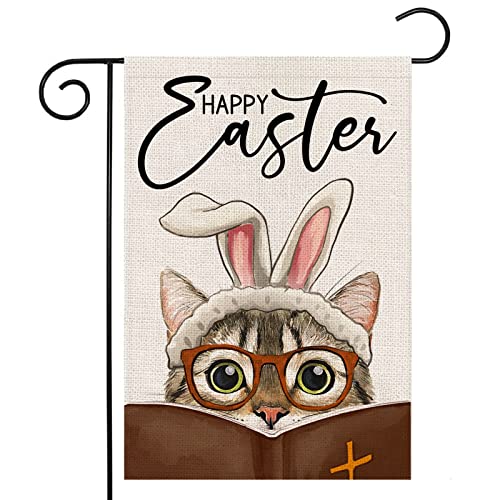 Happy Easter Garden Flag for Outdoor 12x18 Double Sided,Religious Cat with Bible Rabbit Ears Small Yard Flag,Seasonal Decors for Spring Farmhouse Holiday Outside