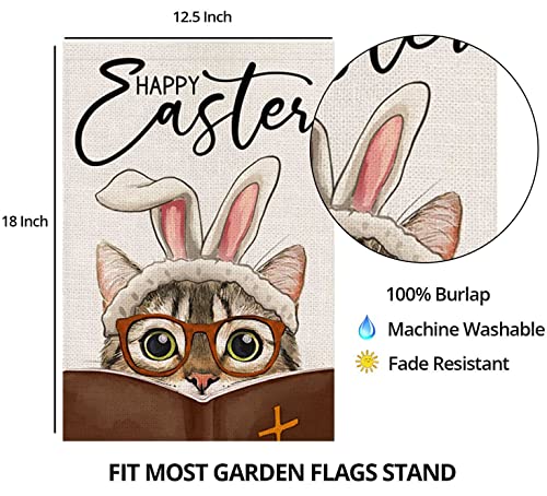 Happy Easter Garden Flag for Outdoor 12x18 Double Sided,Religious Cat with Bible Rabbit Ears Small Yard Flag,Seasonal Decors for Spring Farmhouse Holiday Outside