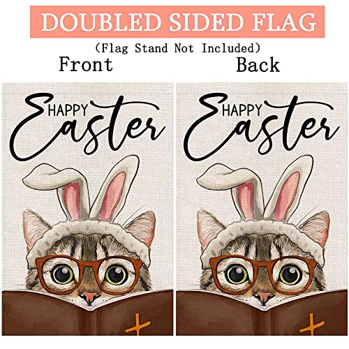 Happy Easter Garden Flag for Outdoor 12x18 Double Sided,Religious Cat with Bible Rabbit Ears Small Yard Flag,Seasonal Decors for Spring Farmhouse Holiday Outside