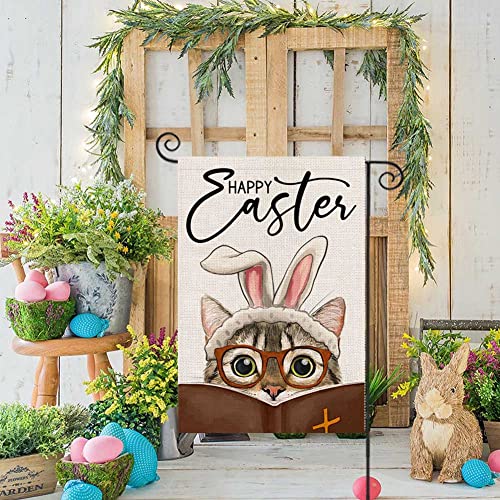 Happy Easter Garden Flag for Outdoor 12x18 Double Sided,Religious Cat with Bible Rabbit Ears Small Yard Flag,Seasonal Decors for Spring Farmhouse Holiday Outside