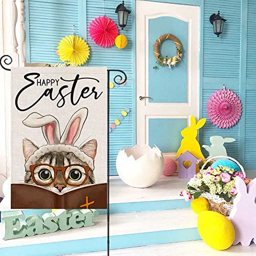 Happy Easter Garden Flag for Outdoor 12x18 Double Sided,Religious Cat with Bible Rabbit Ears Small Yard Flag,Seasonal Decors for Spring Farmhouse Holiday Outside