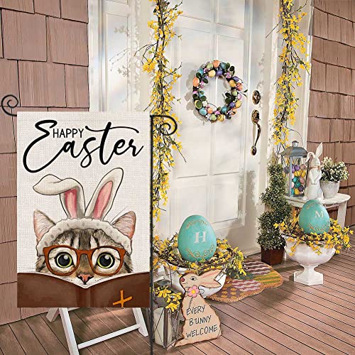 Happy Easter Garden Flag for Outdoor 12x18 Double Sided,Religious Cat with Bible Rabbit Ears Small Yard Flag,Seasonal Decors for Spring Farmhouse Holiday Outside