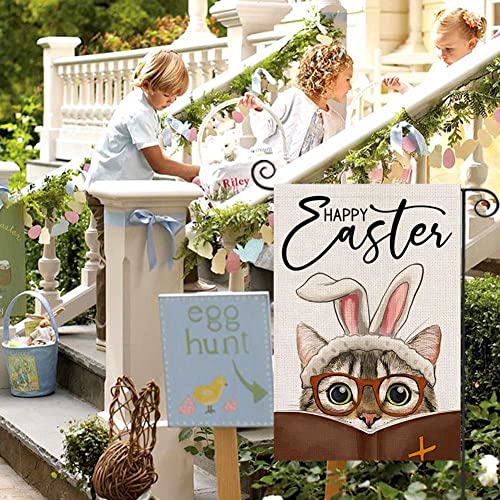 Happy Easter Garden Flag for Outdoor 12x18 Double Sided,Religious Cat with Bible Rabbit Ears Small Yard Flag,Seasonal Decors for Spring Farmhouse Holiday Outside