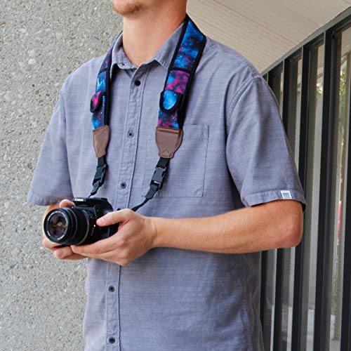 USA GEAR TrueSHOTNeck Strap Neoprene Camera Straps - Padded Camera Strap, Accessory Pocket, and Quick Release Buckles - Compatible with Canon, Nikon, Sony and More DSLR and Mirrorless Camera - Galaxy