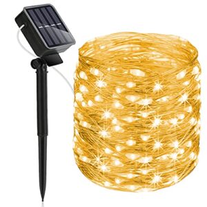 heaffey christmas solar fairy string lights outdoor,40 ft 120 led 8 lighting modes copper wire light,waterproof solar powered decoration for wedding patio yard trees christmas party(warm white,1 pack)