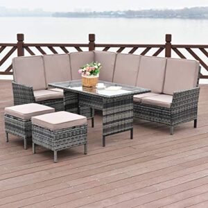 tangkula 5 pieces patio furniture set wicker rattan steel frame patio outdoor garden conversation set high back sectional sofa set with tempered glass top dining table