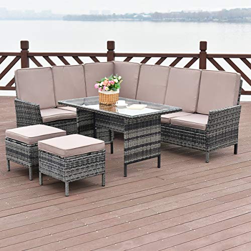 Tangkula 5 Pieces Patio Furniture Set Wicker Rattan Steel Frame Patio Outdoor Garden Conversation Set High Back Sectional Sofa Set with Tempered Glass Top Dining Table