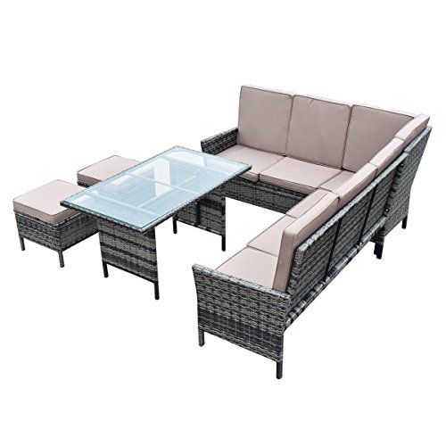 Tangkula 5 Pieces Patio Furniture Set Wicker Rattan Steel Frame Patio Outdoor Garden Conversation Set High Back Sectional Sofa Set with Tempered Glass Top Dining Table