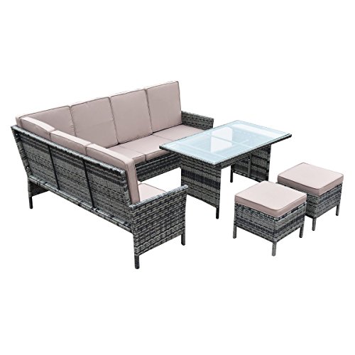 Tangkula 5 Pieces Patio Furniture Set Wicker Rattan Steel Frame Patio Outdoor Garden Conversation Set High Back Sectional Sofa Set with Tempered Glass Top Dining Table