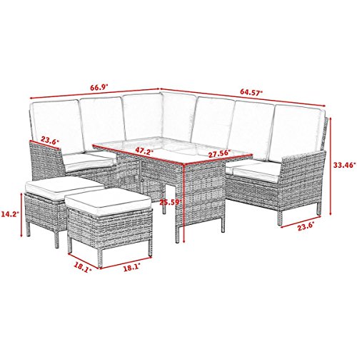 Tangkula 5 Pieces Patio Furniture Set Wicker Rattan Steel Frame Patio Outdoor Garden Conversation Set High Back Sectional Sofa Set with Tempered Glass Top Dining Table