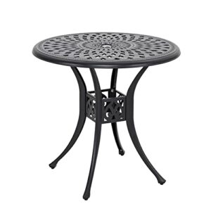 Nuu Garden 30 Inch Patio Dining Table, Cast Aluminum Round Outdoor Table with Umbrella Hole for Patio, Backyard, Deck-Black