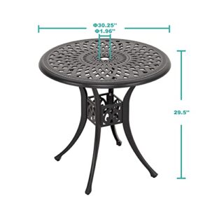 Nuu Garden 30 Inch Patio Dining Table, Cast Aluminum Round Outdoor Table with Umbrella Hole for Patio, Backyard, Deck-Black