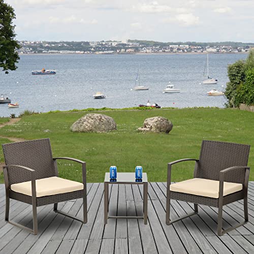 BPS 3 Pieces Patio Furniture Set, Outdoor Rattan Wicker Chairs with Table, 3 Pcs Sofa Set with Cushion, Conversation Furniture for Garden Poolside