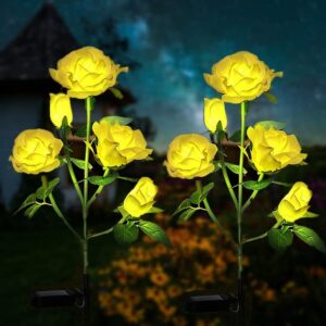 kaq 2pack-outdoor halloween solar garden flower lights with 5 rose flowers, upgraded led solar rose lights with stake, waterproof solar decorative lights for wedding halloween decorations (yellow)