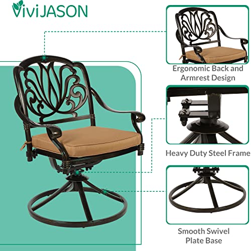 VIVIJASON 7-Piece Patio Furniture Dining Set, All-Weather Cast Aluminum Outdoor Conversation Set, Include 6 Swivel Dining Chairs and a Rectangle Table with Umbrella Hole for Lawn Garden Backyard