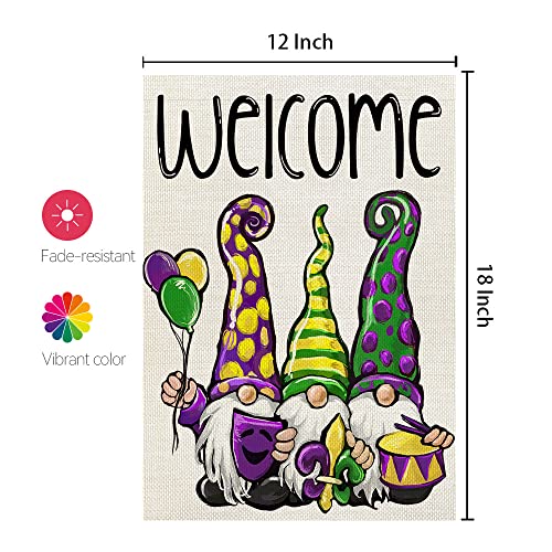 CROWNED BEAUTY Mardi Gras Gnomes Garden Flag for Outside 12x18 Inch Double Sided Small Burlap welcome Yard Outdoor New Orleans Carnival Celebration CF694-12
