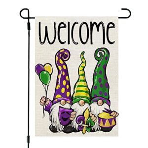 crowned beauty mardi gras gnomes garden flag for outside 12×18 inch double sided small burlap welcome yard outdoor new orleans carnival celebration cf694-12