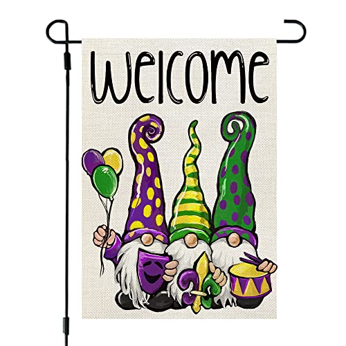 CROWNED BEAUTY Mardi Gras Gnomes Garden Flag for Outside 12x18 Inch Double Sided Small Burlap welcome Yard Outdoor New Orleans Carnival Celebration CF694-12