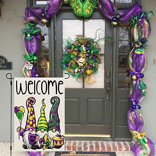 CROWNED BEAUTY Mardi Gras Gnomes Garden Flag for Outside 12x18 Inch Double Sided Small Burlap welcome Yard Outdoor New Orleans Carnival Celebration CF694-12