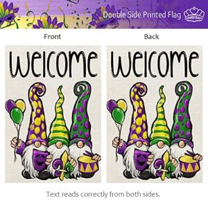 CROWNED BEAUTY Mardi Gras Gnomes Garden Flag for Outside 12x18 Inch Double Sided Small Burlap welcome Yard Outdoor New Orleans Carnival Celebration CF694-12