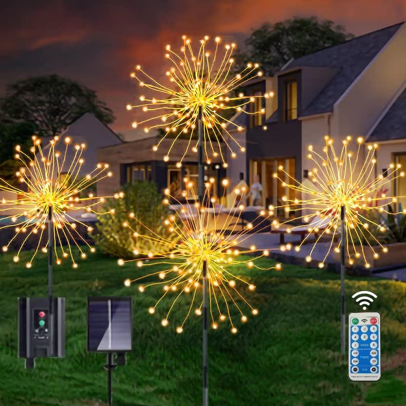 Tielreala Solar Firework Lights 4 Pack 480 LED Fireworks Solar Lights Outdoor with Remote,8 Lighting Modes DIY Solar Garden Lights for Garden Pathway Yard Decor Christmas (Warm White)