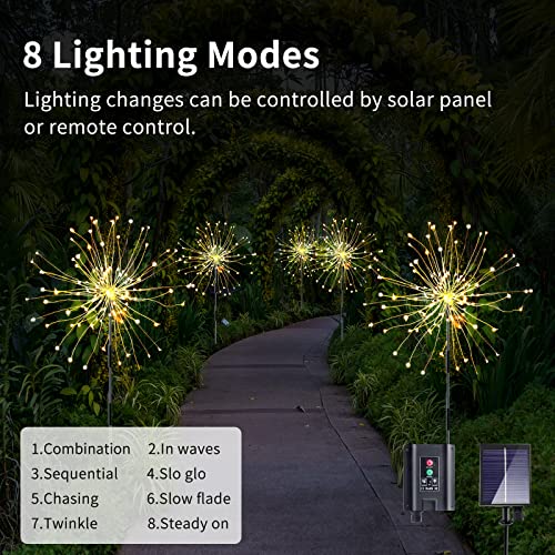 Tielreala Solar Firework Lights 4 Pack 480 LED Fireworks Solar Lights Outdoor with Remote,8 Lighting Modes DIY Solar Garden Lights for Garden Pathway Yard Decor Christmas (Warm White)