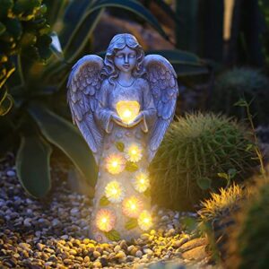 tombaby solar angel figurine garden outdoor statue, polyresin angel art for patio lawn yard porch gift holiday decoration