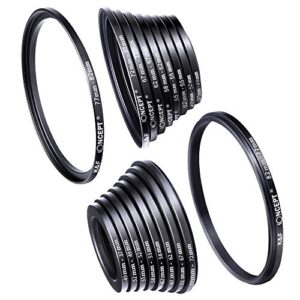 k&f concept 18 pieces filter ring adapter set, camera lens filter metal stepping rings kit (includes 9pcs step up ring set + 9pcs step down ring set) black