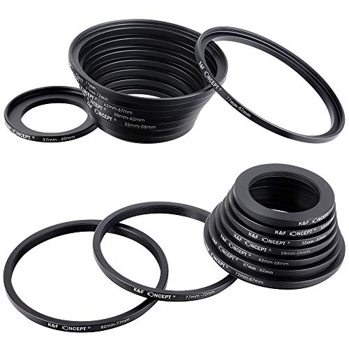 K&F Concept 18 Pieces Filter Ring Adapter Set, Camera Lens Filter Metal Stepping Rings Kit (Includes 9pcs Step Up Ring Set + 9pcs Step Down Ring Set) Black