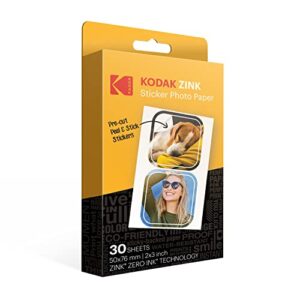 kodak 2”x3” premium zink pre-cut sticker photo paper (30 sheets) compatible with all kodak 2×3” instant print products – except printomatic
