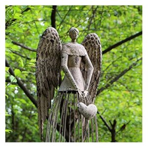 linfevisi garden angel statue decor rustic metal angel sculpture garden yard art heavenly home decor antiqued accent housewarming garden gift (heart)